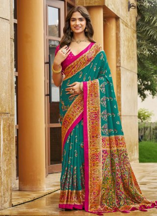 Teal Silk Digital Print Work Trendy Saree