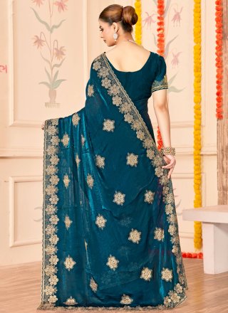 Teal Silk Embroidered and Zari Work Traditional Saree