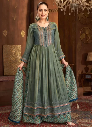 Teal Silk Embroidered Work Floor Length Salwar Suit