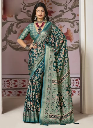 Teal Silk Floral Patch and Woven Work Trendy Saree for Ceremonial
