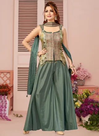 Teal Silk Palazzo Salwar Suit with Embroidered, Print and Zari Work
