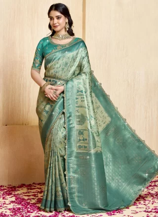 Teal Silk Patch Border, Lace, Multi, Print and Weaving Work Trendy Saree for Engagement
