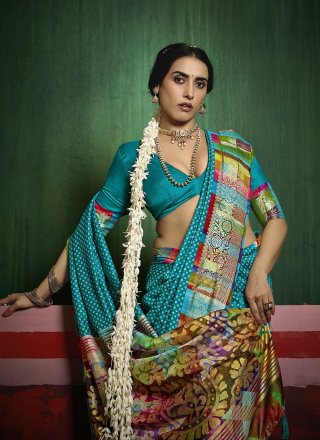 Teal Silk Print Work Classic Sari