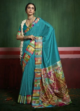 Teal Silk Print Work Classic Sari