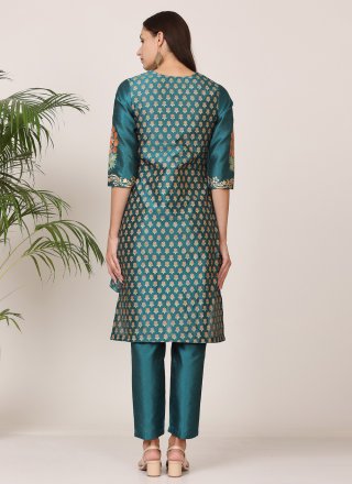 Teal Silk Print Work Salwar Suit for Ceremonial
