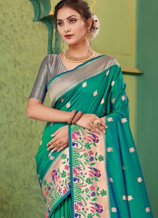 Teal Silk Traditional Saree with Weaving Work