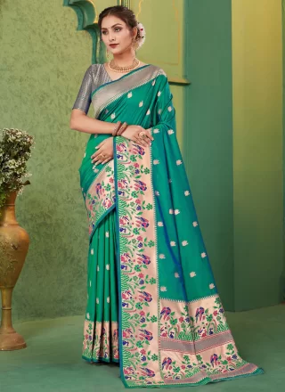 Teal Silk Traditional Saree with Weaving Work