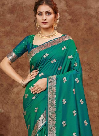 Teal Silk Weaving Work Classic Saree