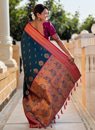 Teal Silk Woven and Zari Work Trendy Saree