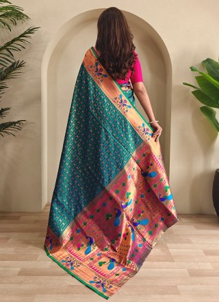 Teal Silk Woven Work Trendy Saree