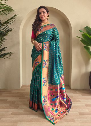 Teal Silk Woven Work Trendy Saree