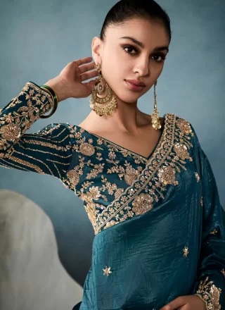 Teal Tissue Embroidered, Sequins and Zari Work Contemporary Sari