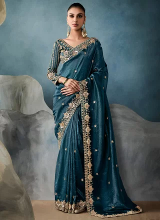 Teal Tissue Embroidered, Sequins and Zari Work Contemporary Sari