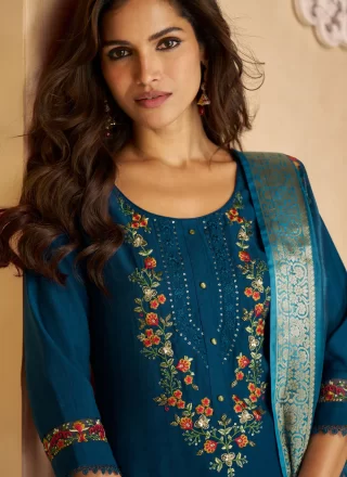 Teal Viscose Readymade Salwar Suit with Floral Patch Work