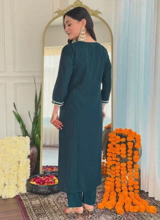 Teal Viscose Salwar Suit with Embroidered and Print Work for Ceremonial