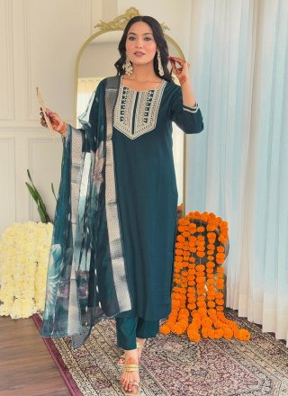 Teal Viscose Salwar Suit with Embroidered and Print Work for Ceremonial