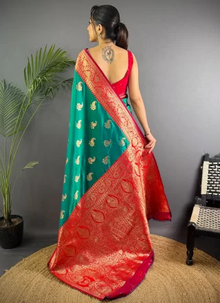 Teal Weaving Work Banarasi Silk Traditional Saree