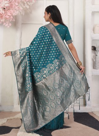 Teal Weaving Work Silk Trendy Saree