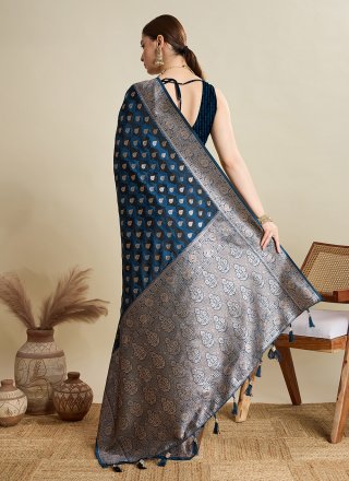 Teal Woven Work Satin Silk Contemporary Saree