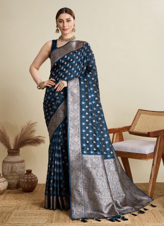 Teal Woven Work Satin Silk Contemporary Saree