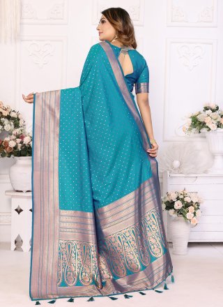 Teal Woven Work Silk Contemporary Sari