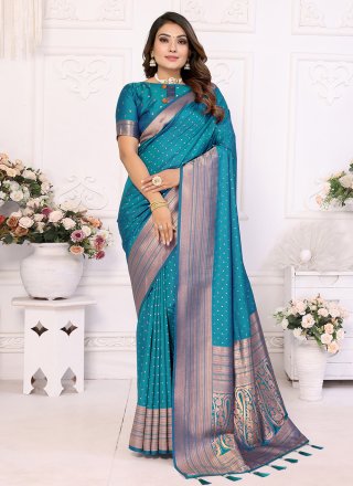 Teal Woven Work Silk Contemporary Sari