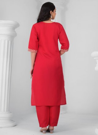 Thread and Zari Work Chanderi Readymade Salwar Suit In Red Color