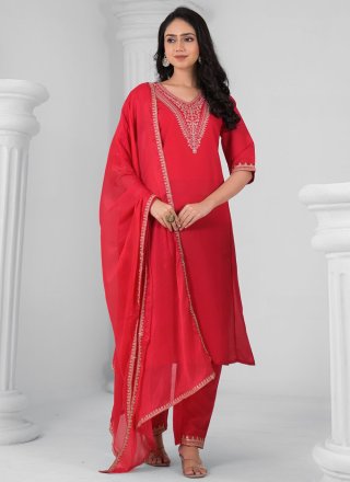 Thread and Zari Work Chanderi Readymade Salwar Suit In Red Color