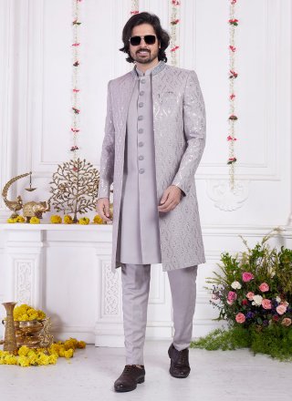 Thread Work Art Silk Indo Western In Grey Colour