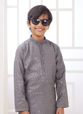 Thread Work Art Silk Kurta Pyjama In Grey for Festival