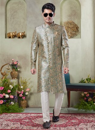 Thread Work Art Silk Sherwani Mens Wear In Green Color