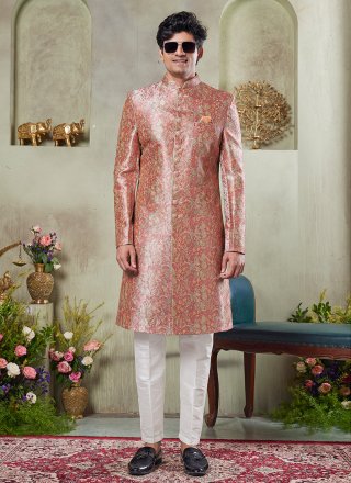 Thread Work Art Silk Sherwani Mens Wear In Pink for Ceremonial