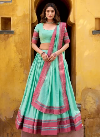 Thread Work Chanderi Lehenga Choli In Sea Green