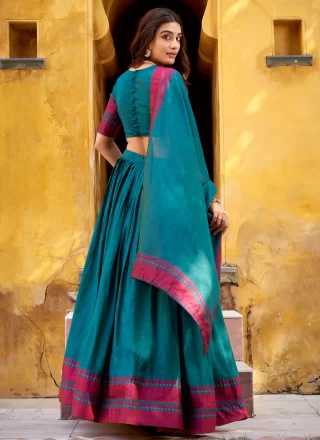 Thread Work Chanderi Lehenga Choli In Teal