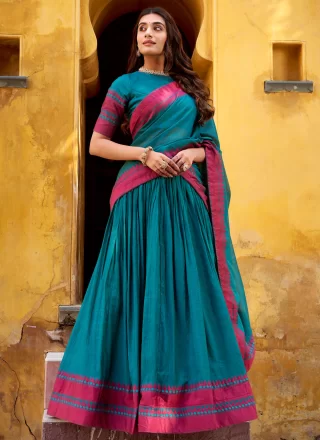 Thread Work Chanderi Lehenga Choli In Teal