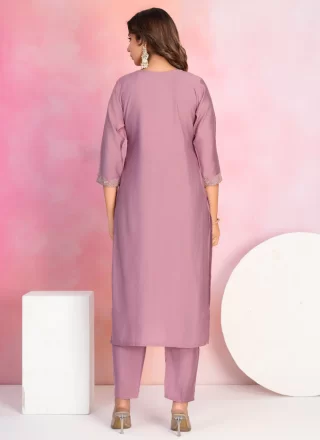 Thrilling Grey and Lavender Chanderi Salwar Suit with Embroidered Work