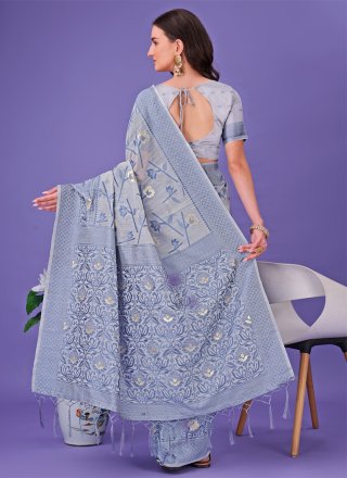 Thrilling Grey Cotton Contemporary Sari with Print Work