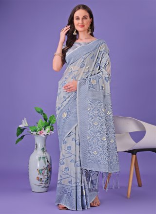 Thrilling Grey Cotton Contemporary Sari with Print Work
