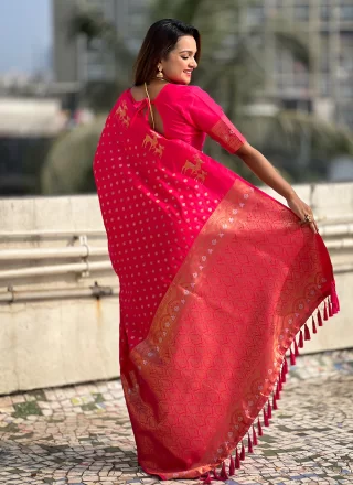 Thrilling Pink Silk Contemporary Sari with Weaving Work