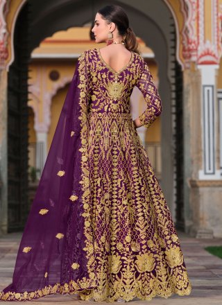 Thrilling Purple Net Anarkali Suit with Cord and Stone Work