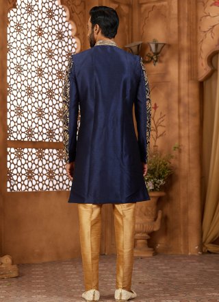 Tiptop Blue Banarasi Silk Indo Western Sherwani with Hand and Machine Embroidery Work