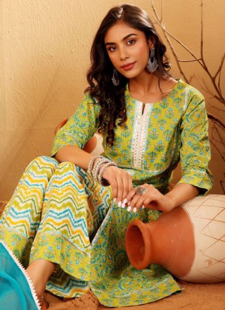 Tiptop Green Cotton Readymade Salwar Suit
