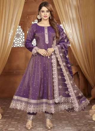 Tissue Anarkali Suit In Purple Color