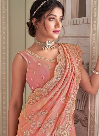 Tissue Contemporary Sari In Peach and Pink Color