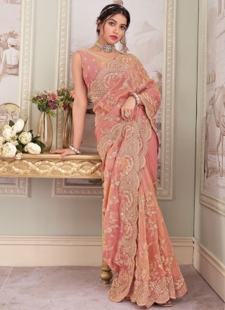 Tissue Contemporary Sari In Peach and Pink Color