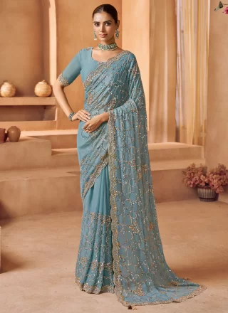 Tissue Designer Saree In Blue and Grey