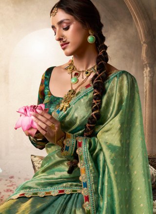 Tissue Designer Sari In Green Color