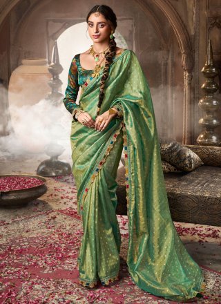 Tissue Designer Sari In Green Color
