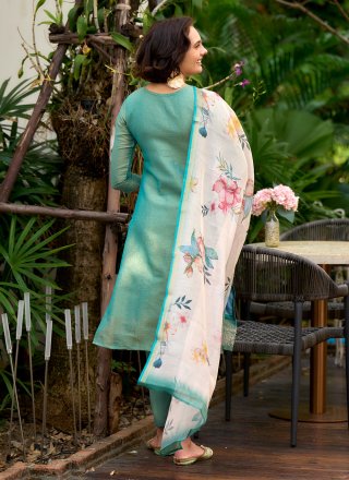 Tissue Salwar Suit In Firozi Color