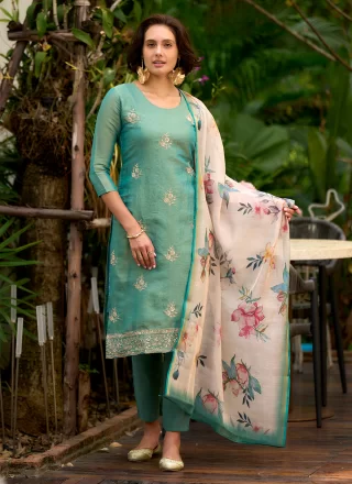 Tissue Salwar Suit In Firozi Color